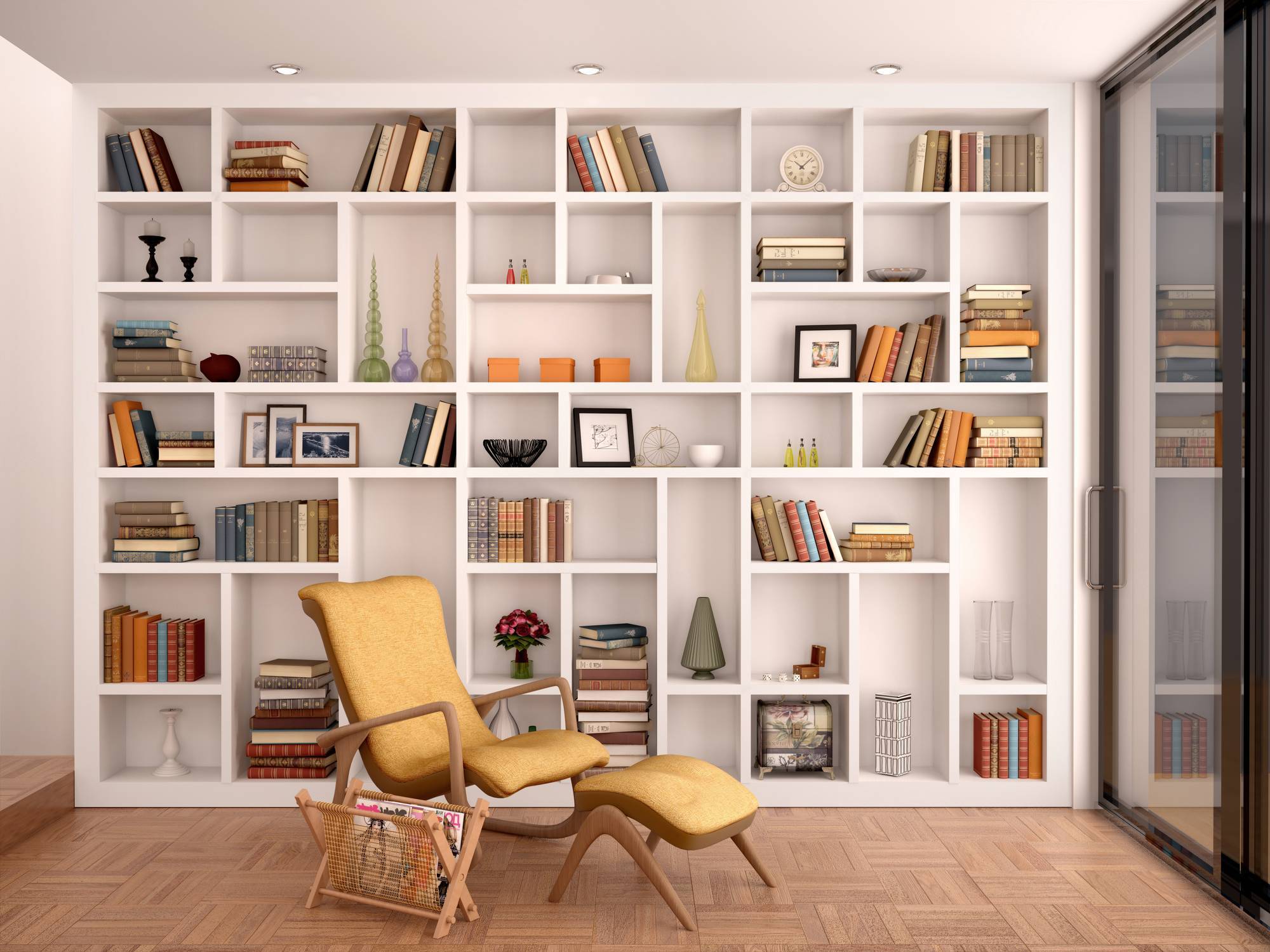 grande bibliothèque sur mesure salon